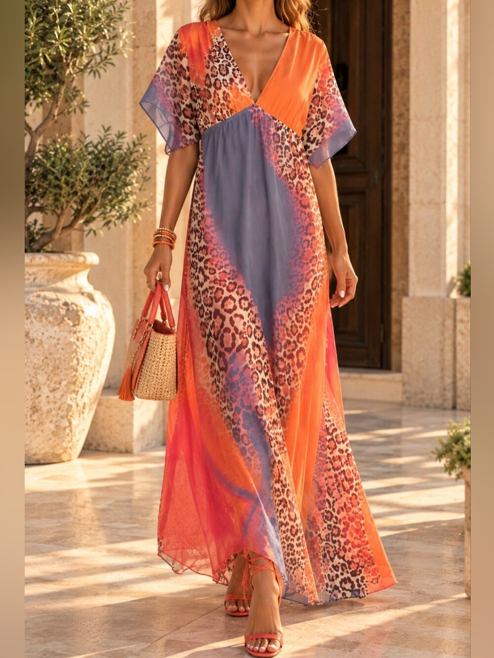 Silk Orange & Purple Leopard Print V‑Neck  Maxi Dress